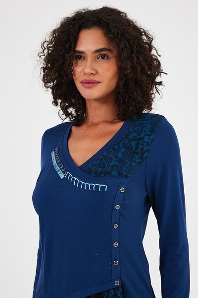 Penyelux Women's Comfort Fit Wide Fit Hijab Flexible Buttoned Tunic Blue