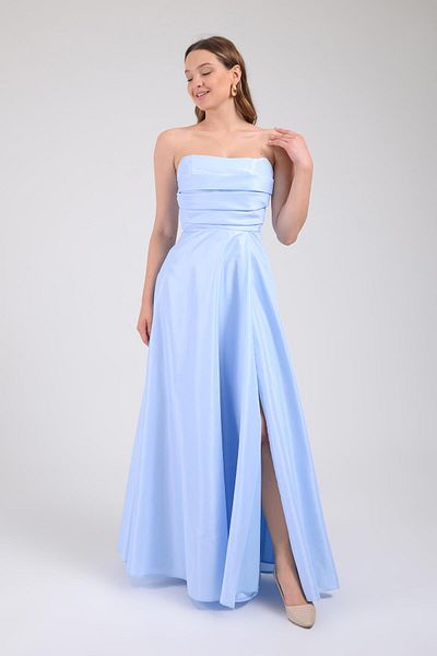 SpringStore Rochie de seara din tafta albastra fara bretele