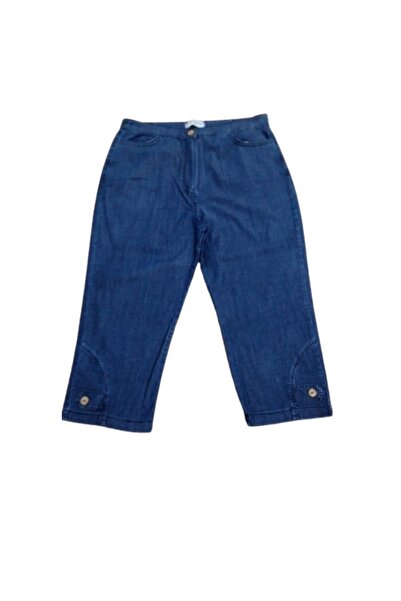 ZY BUTİK Lacivert  Ahşap Duğme Paça Detaylı Beli Lastikli İnce Kot Kapri Pant...