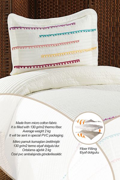 Evlen Home Collection Set de pat de un singur pique de culoare crem 100% bumbac - umplut cu fibre Nova Pompom