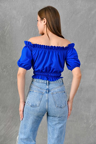 bayansepeti Blue Crepe Fabric Off-The-Shoulder Short Sleeve Crop Blouse with Drawstring and Lace Detail 5027