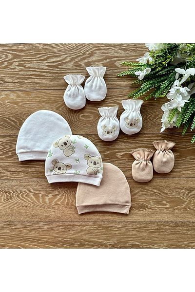 Renkli Puset Organic Set of 6 Newborn Baby Gloves and Hats Koala Green