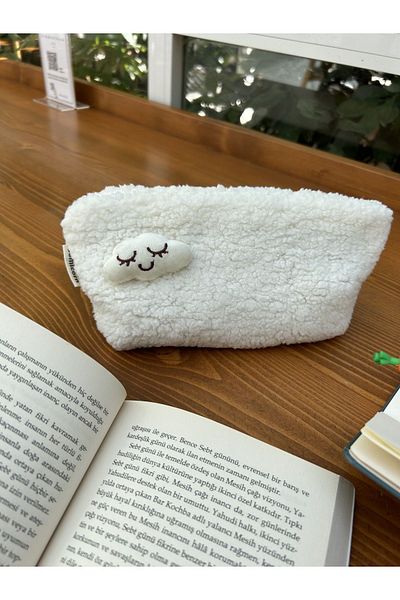 sumicorn Cute Cloud Plush Washable Zippered Gingham Lined Cloth Pen Holder Pencil Case Makeup Bag