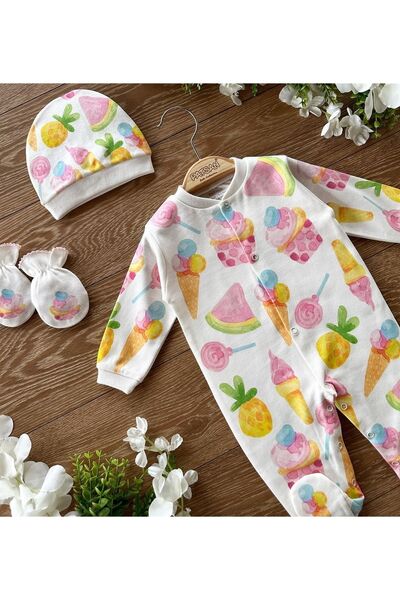 PATSAN Organik Pamuk 3'lü Yenidoğan Hastane Çıkışı Set Eldivenli Ve Şapkalı Patikli Tulum Takımı Cupcake