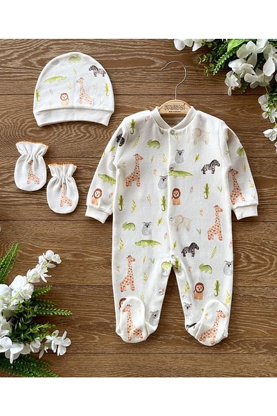 PATSAN 3 Piece Newborn Set with Gloves and Hat and Booties Baby Rompers Set Giraffe Lion Chameleon