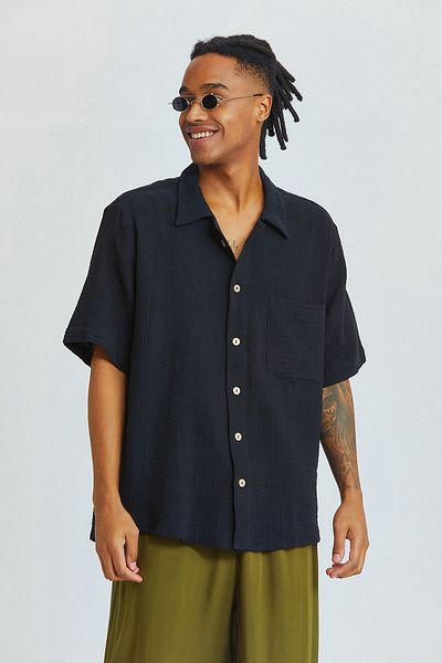 Clandestino Μαύρο ανδρικό πουκάμισο Bohemian Cuban Collar