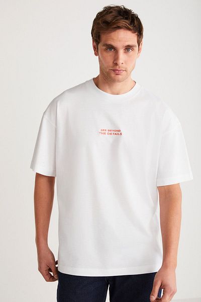GRIMELANGE Vıto Men's - Embroidery Text Detailed, 100% Organic Cotton, Oversize Short Sleeve White T-Shirt