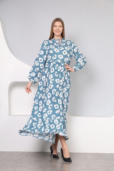 mervemoda Βαμβακερό ύφασμα - Γυναικείο μακρυμάνικο καλοκαιρινό φόρεμα