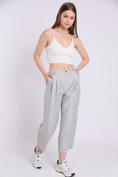 Yake Back Elastic Waist, Pockets, Cigarette Legs, Special Texture Polyester Fabric Trousers