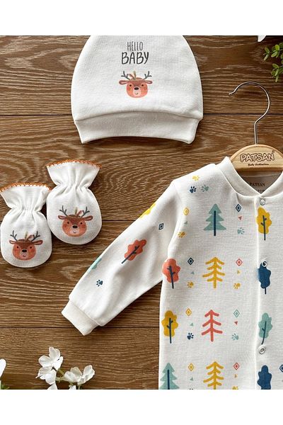 PATSAN Organic Cotton 3-Piece Newborn Hospital Release Set Gloves Hat Booties Overalls Set Tree Deer