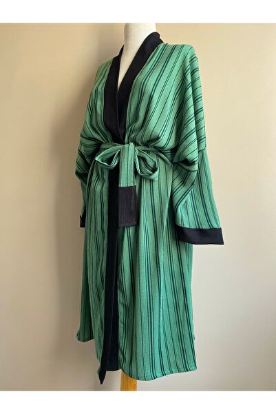 ki-nua studio Tokalı Kuşaklı Kadın Kimono Set, Krinkıl Kumaş - Yeşil Çizgili,...