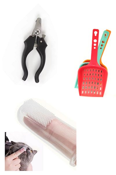 rianka 1 Piece Stainless Cat Nail Clipper Cat Litter Cleaning Shovel Cat Tooth Cleaning Brush Care Set
