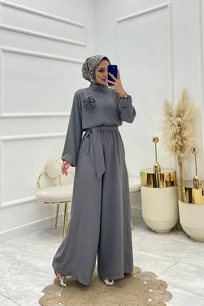 Neşeli Butik Gray Casual Hijab Jumpsuit - Belted and Rose Detailed, Nms003