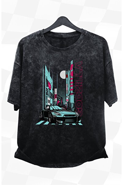 Fuddy Moda Tricou unisex cu imprimeu Nissan GT-R Godzilla - Tricou retro supradimensionat spalat