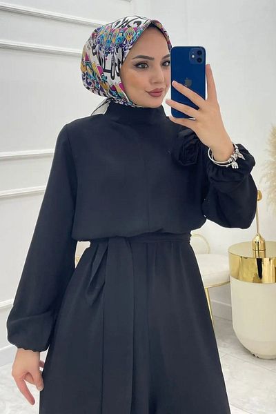 Neşeli Butik Γυναικεία φόρμα Casual Hijab με λεπτομέρεια τριαντάφυλλου - Ζώνη, Crepe Nms003