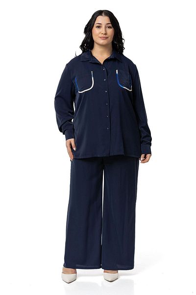 DISENTIS MODEST Navy Blue Large Size Piping Detailed Shirt and Trousers Set