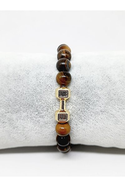 Kusakli Sarı Altın Renkli Dumbell Sporcu Doğaltaş Kaplangözü Bileklik