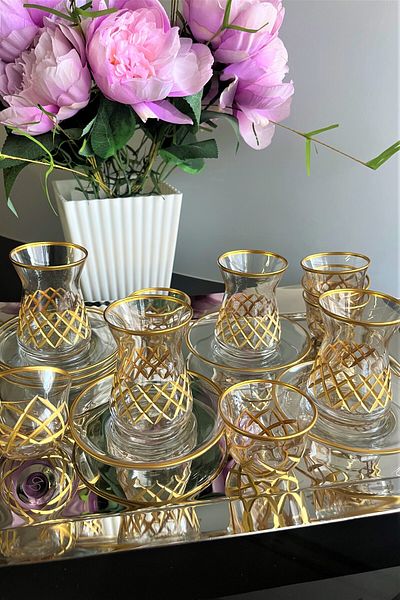 Paşabahçe M1 Irem Kesme Decorated Gold 18 Piece Irem Tea and Coffee Mırra Set