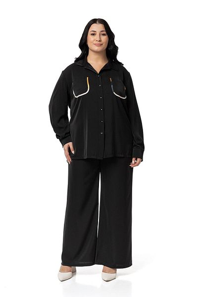 DISENTIS MODEST Σετ Μαύρο Πουκάμισο και Παντελόνι Plus Size - Λεπτομέρεια Piping