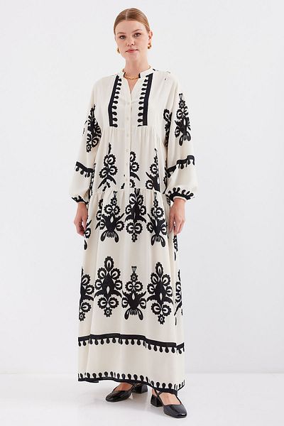 Bigdart 2423 Authentisches, gemustertes Kleid – M. Creme