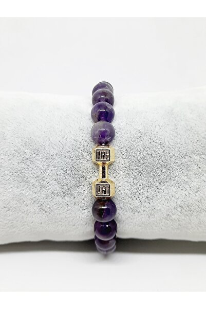 Kusakli Sarı Altın Renkli Dumbell Sporcu Doğaltaş Ametist Bileklik