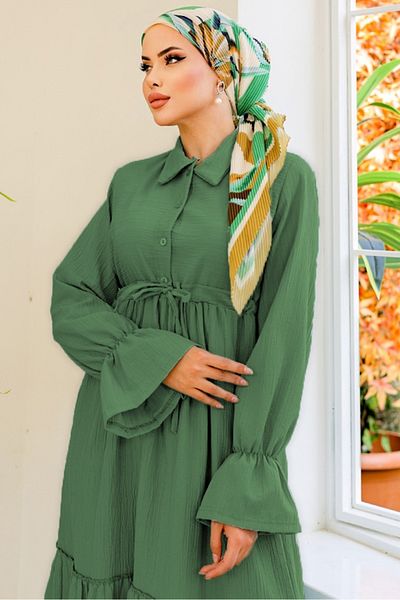 Bestenur Φόρεμα με γιακά πουκάμισο Elisa Emerald Green 899