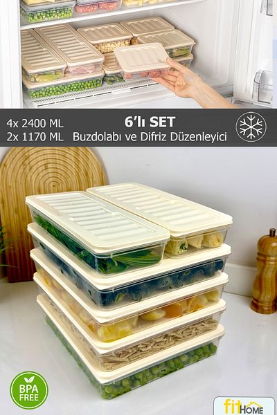 FİTHOME Deep Freezer and Refrigerator Organizer Set of 6 Airtight Storage Containers 4X2400Ml 2X1170Ml