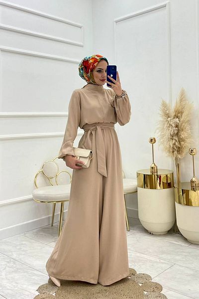 Neşeli Butik Μπεζ ροζ Λεπτομερής φόρμα χιτζάμπ - ζωσμένη, Nms003