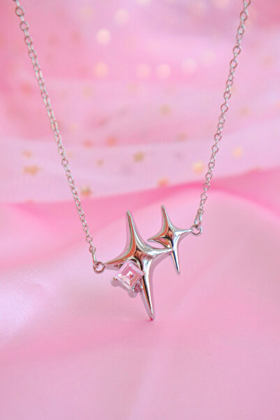 EFBUTİK Stříbrný hvězdný náhrdelník s růžovými kamínky a řetízkem