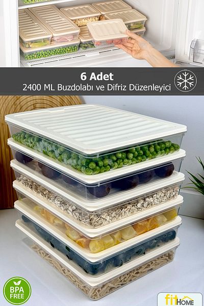 FİTHOME 6Pcs 2400ml Freezer Deep Freezer Refrigerator Organizer Airtight Storage Container