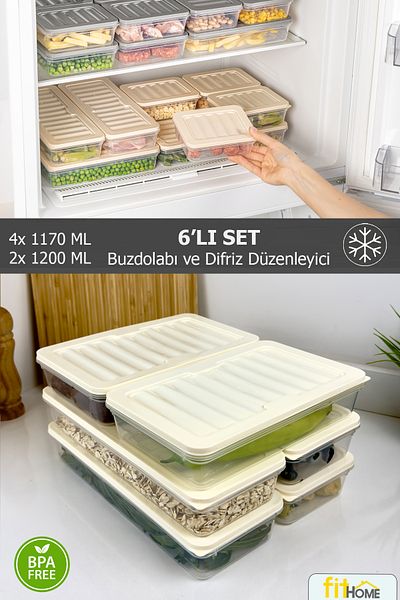 FİTHOME Freezer and Freezer Organizer 6 Li Set Refrigerator Organizer Storage Container 4X1170Ml 2X1200Ml