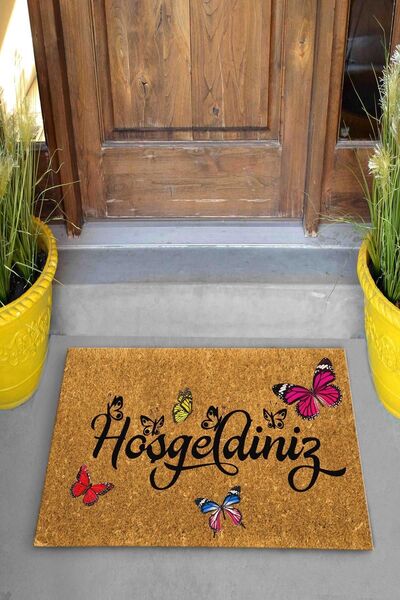 Evsebu Home Hoşgeldiniz Kelebek Dekoratif Çok Amaçlı Iç ve Dış Kapı Paspası