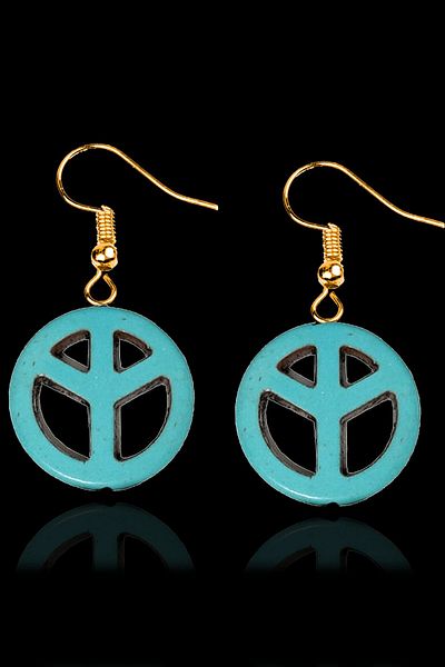 Tesbih Atölyesi Gold Peace Symbol Turquoise Earrings - Certified Turquoise Stone