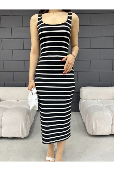 BİKELİFE Schwarz-weiß gestreift - Midikleid für Damen mit dicken Trägern