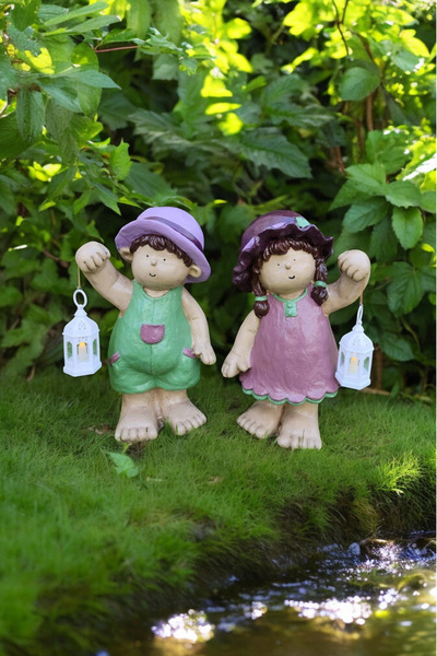 ufak dusler atölyesi Bahçe heykel fenerli cuce 2li set biblo aydınlatmali obje