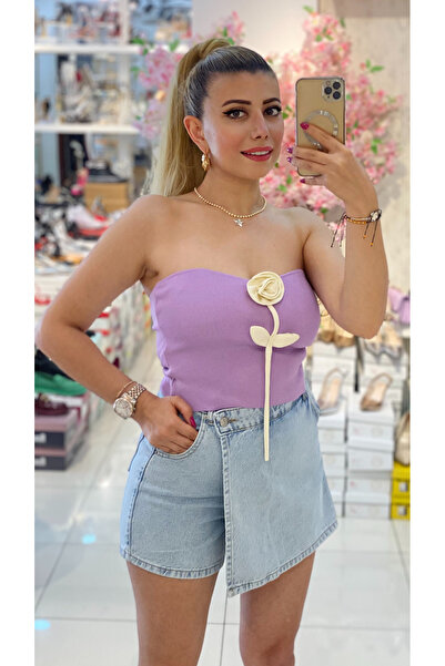 TUĞBALİ Kadın Lila Renk Güllü Triko Crop