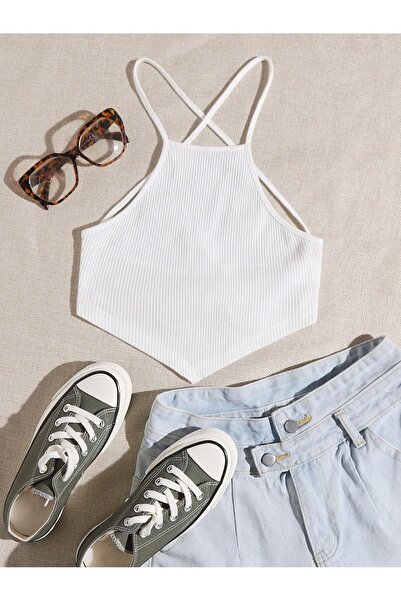 Liona Halter Yaka Sırtı Açık Çapraz Askılı Bağcıklı Beyaz Renk Fitilli Crop T...