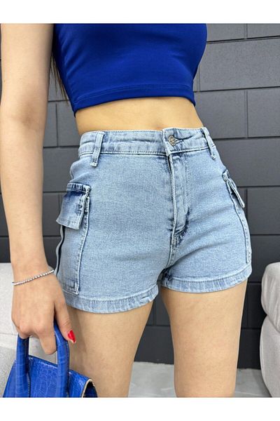 BİKELİFE High Waist Women's Mini Denim Shorts - Cargo Pocket