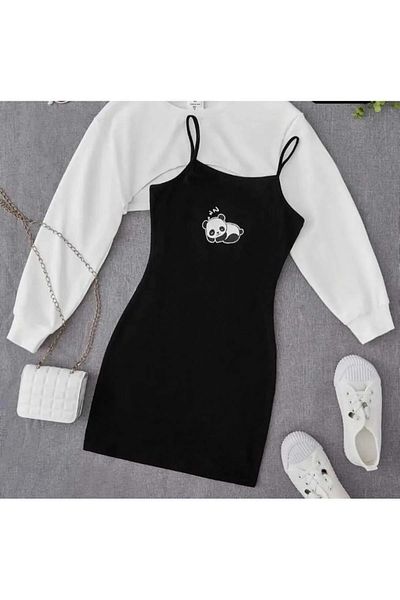 Machetta Black and White Panda Printed Women's Dress and Crop Sweat Set