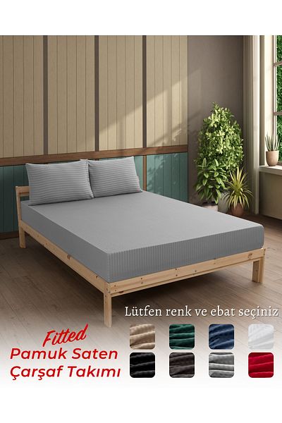 MODELHOME Gray Colored Double Cotton Striped Satin Elastic Sheet Set