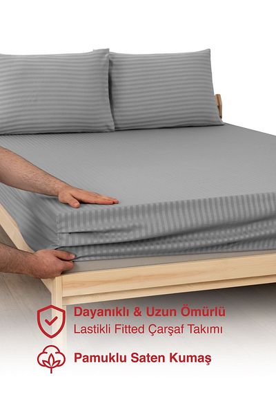 MODELHOME Gray Colored Double Cotton Striped Satin Elastic Sheet Set