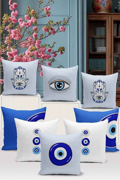 Bertille Home Set de 8 huse de pernă cu imprimeu digital din seria Evil Eye - Set de huse de pernă Evil Eye cu două fețe