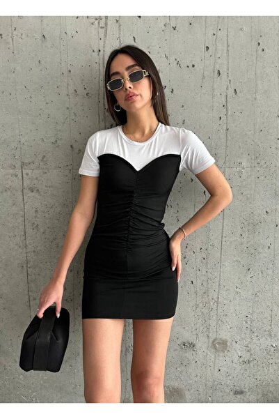 buqre's moda Önü Drapeli T-Shirt Detaylı Mini Elbise