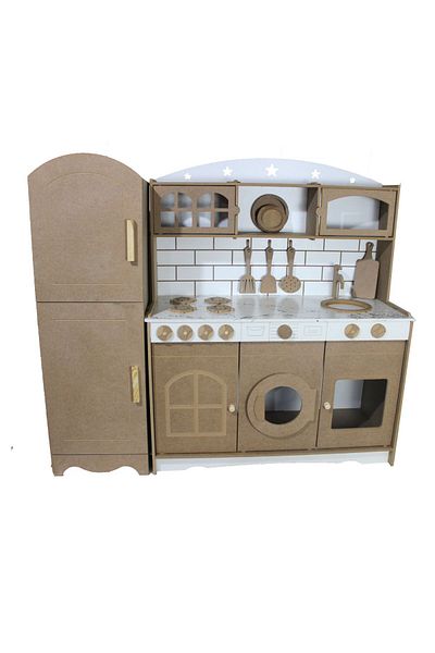 Hedef Raw Wooden Toy with White Countertop and Refrigerator - Kitchen (Led)