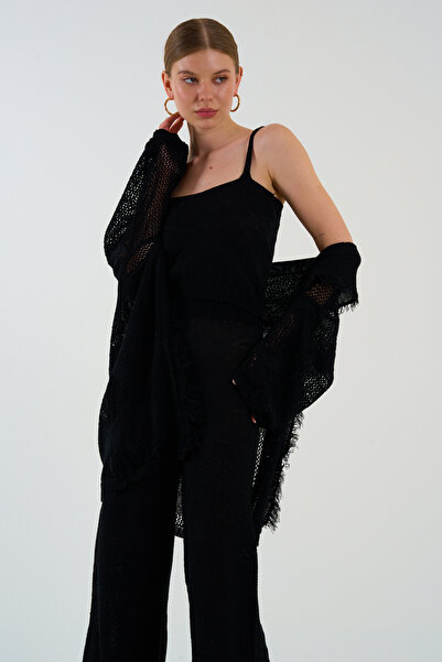 LOOSH سترة سوداء مخرمة - طقم بلوزة وبنطلون بياقة شال