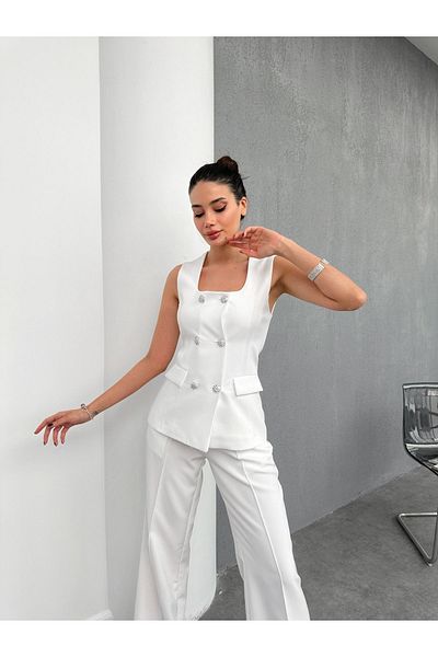 buqre's moda Square Collar Stone Buttoned Vest Trousers Double Breasted Set