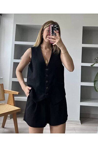 buqre's moda Kadın Keten V Yaka Düğme Kapamalı Yelek Şort Alt-üst Takım