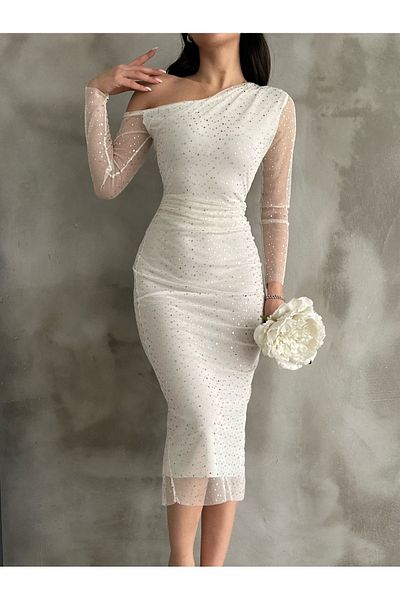buqre's moda New Season One Shoulder Polka Dot Patterned Gilded Tulle Dress