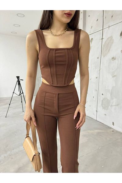 buqre's moda بدلة نسائية ذات حزام مزدوج وبلوزة وسروال سفلي