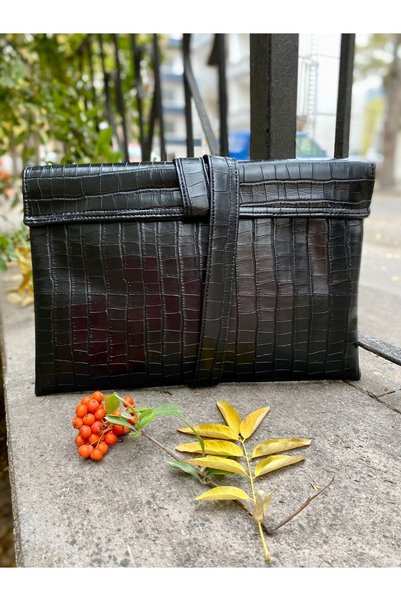 TALKING DREAMS Black Crocodile Faux Leather Covered Tied Clutch